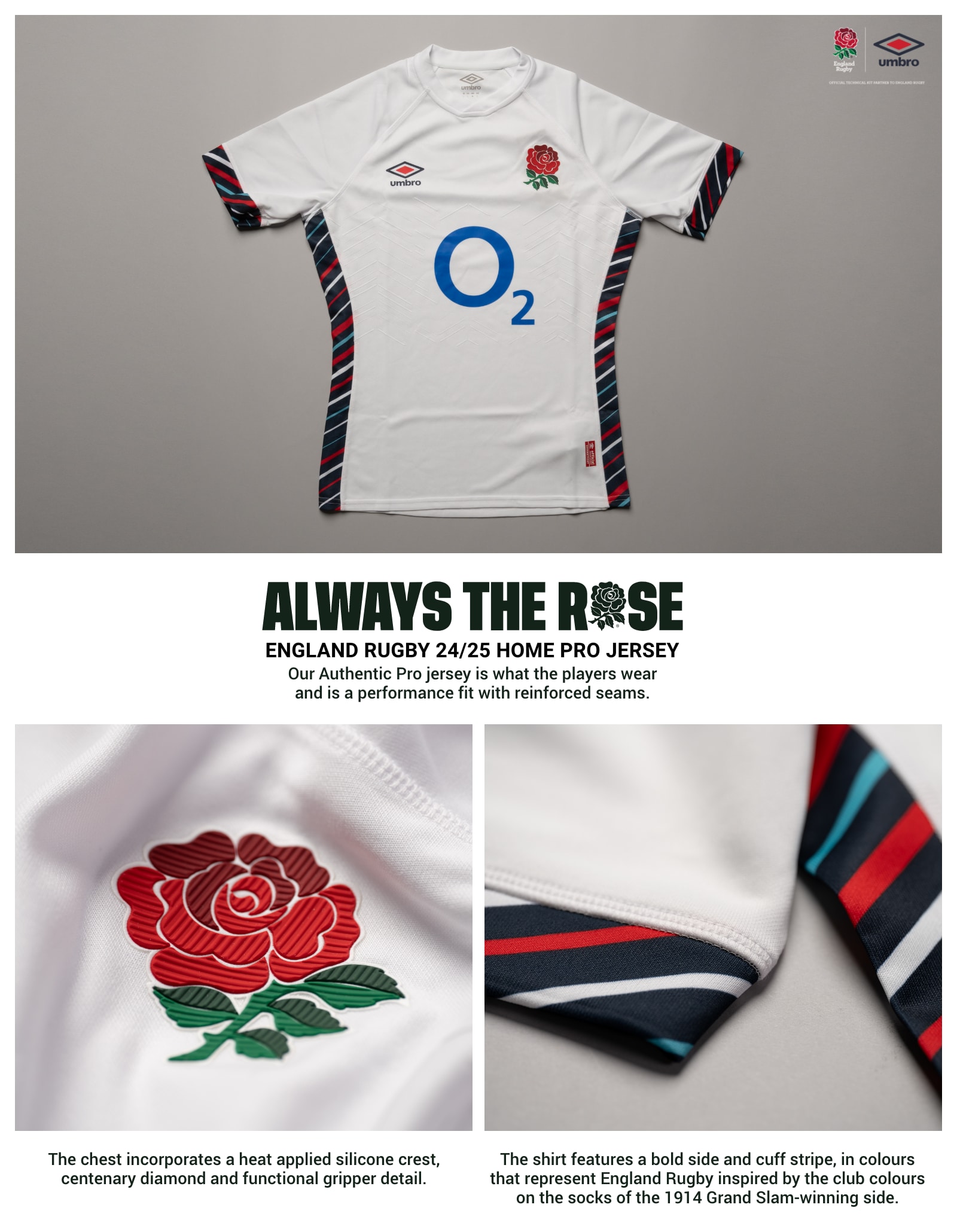 Home Kit Pro. Always the Rose. England Rugby 24/25 Home Pro Jersey. Our Authentic Pro jersey is what the players wear and is a performance fit with reinforced seams. The chest incorporates a heat applied silicone crest, centenary diamond and functional gripper detail. The shirt features a bold side and cuff stripe, in colours that represent England Rugby inspired by the club colours on the socks of the 1914 Grand Slam-winning side.
